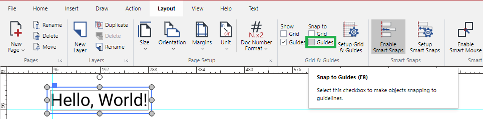 Snap to Guides checkbox in the Grid and Guides Panel on the View Ribbon tab