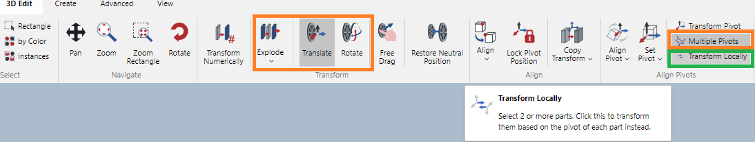 Transform Locally button in the Align Pivots Panel on the 3D Edit Ribbon Tab in 3D Edit Mode
