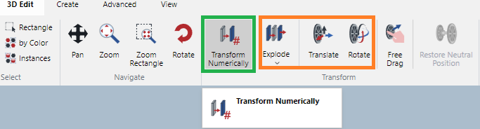 Transform Numerically button in the Transform Panel on the 3D Edit Ribbon Tab in 3D Edit Mode