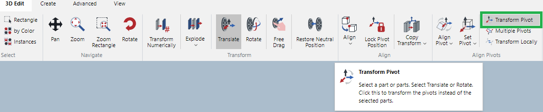 Transform Pivot button in the Align Pivots Panel on the 3D Edit Ribbon Tab in 3D Edit Mode