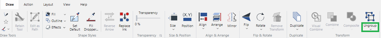 Ungroup Menu Button in the Transform Panel on the Draw Ribbon Tab