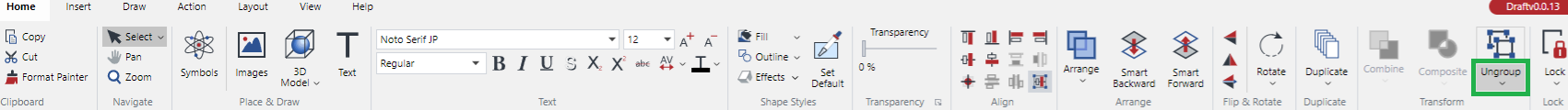Ungroup Menu Button in the Transform Panel on the Home Ribbon Tab
