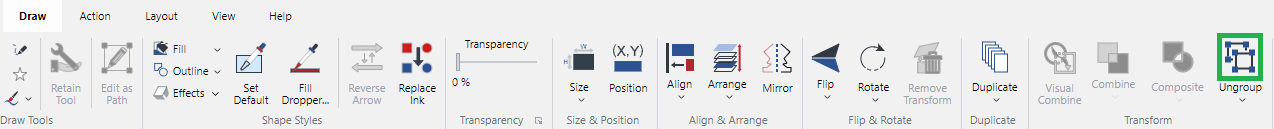 Ungroup Split Button in the Transform Panel on the Draw Ribbon Tab
