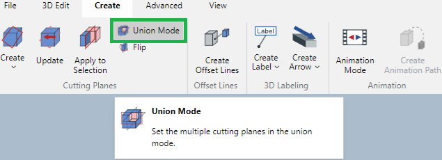 Union Mode state button in the Cutting Planes Panel on the Create Ribbon Tab in 3D Edit Mode