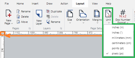 Unit Menu on the Page Setup Panel of the Layout Ribbon Tab