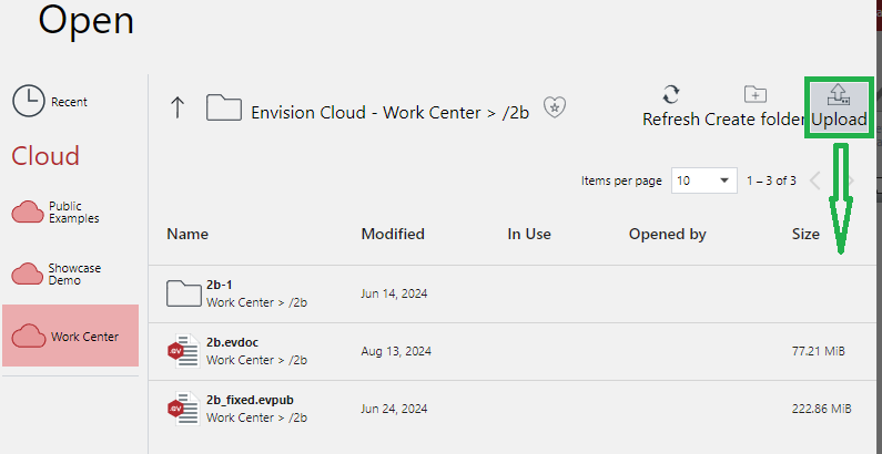 Upload button on the Open Screen