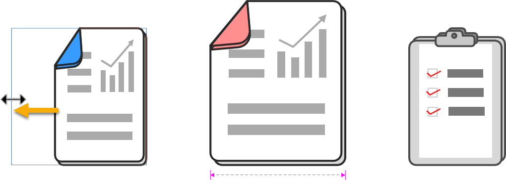 Resizing the object (most left) shows the same width indicator on the object (center) which has the same width as the mouse pointer position at that time