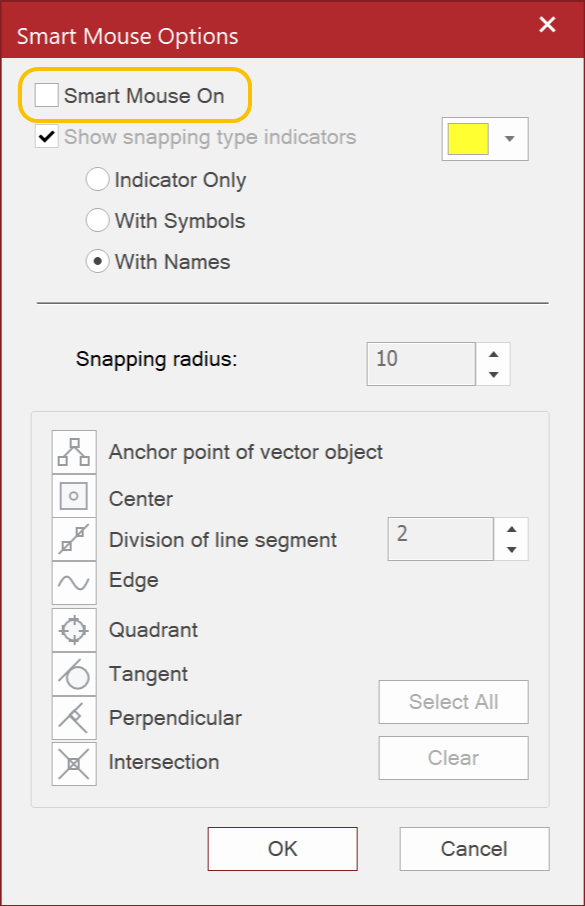 Smart Mouse Options Pop-up Dialog