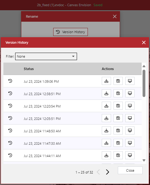 Version History Pop-up Dialog