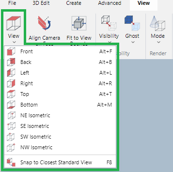 View Menu in the View Panel on the View Ribbon Tab in 3D Edit Mode