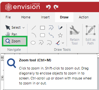 Zoom tool in the Navigate Panel on the Draw Ribbon Tab