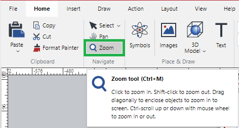 Zoom tool in the Navigate Panel on the Home Ribbon Tab