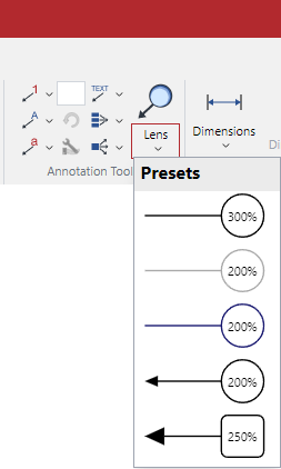 Lens Menu Button in the Annotation Tools Panel on the Insert Ribbon Tab