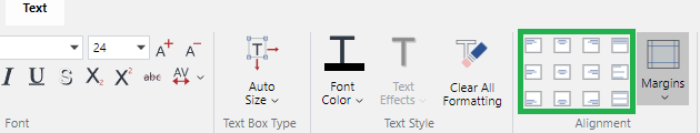 Alignment Buttons in the Alignment Panel on the Text Ribbon Tab