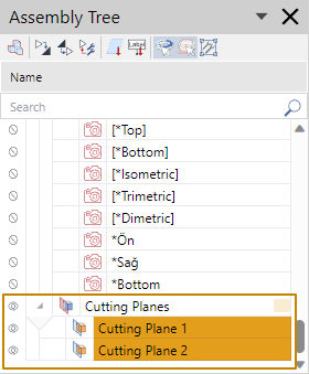 When Cutting Planes are created, they will be also listed in the Assembly Tree panes.