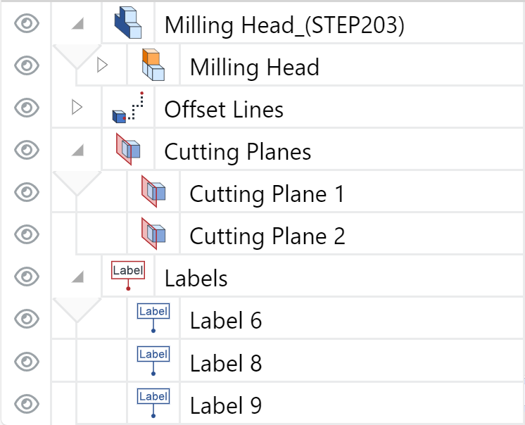 Cutting planes, offset lines, and labels in the Assembly Tree pane of the 3D Viewer