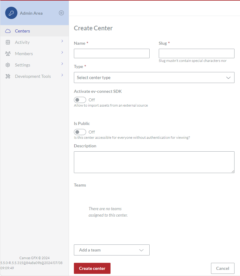 Empty Create Center Page