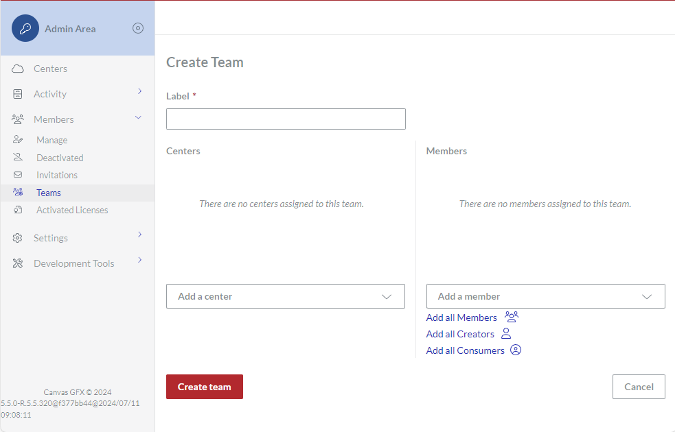 Empty Create Team Page