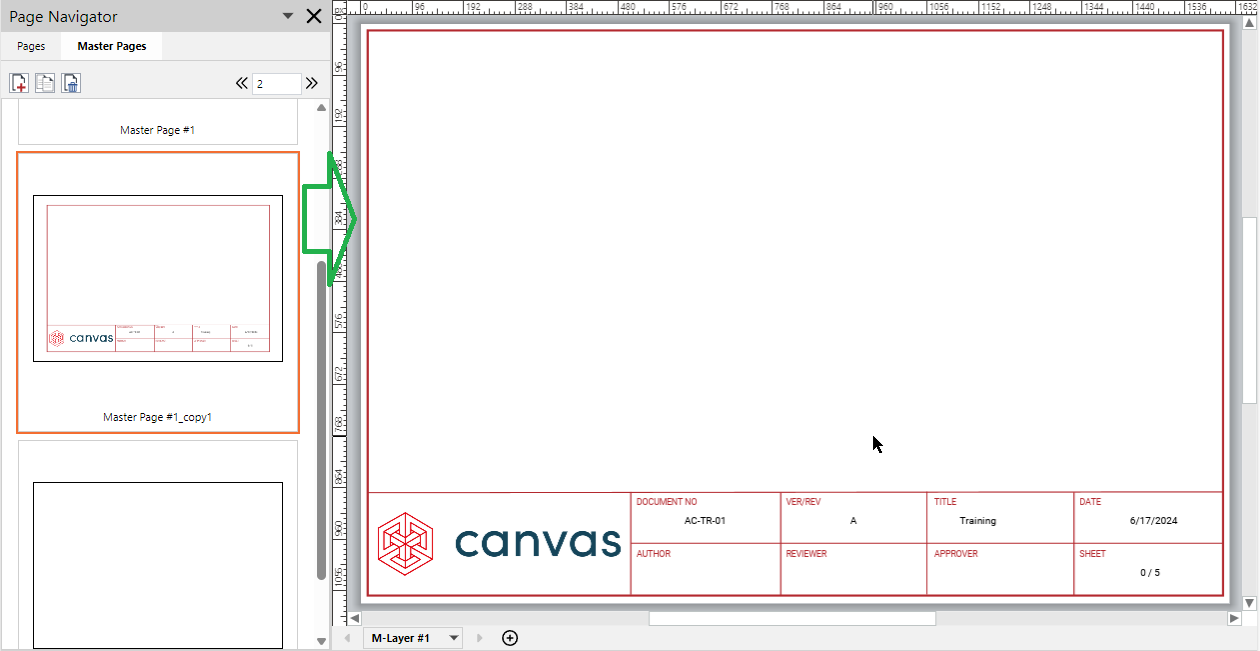 Master Page Selected in the Page Navigator Pane and Displayed in the Page Layout Area Master Page Selected in the Page Navigator Pane and Displayed in the Page Layout Area
