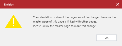 Master Page Size or Orientation Cannot Be Changed Warning Pop-up Dialog