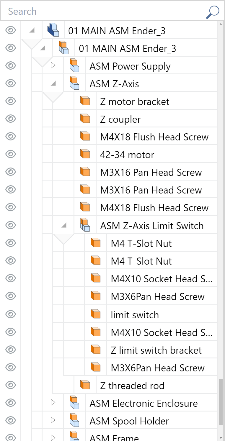 Multi-level assembly tree grid in the Assembly Tree pane of the 3D Viewer