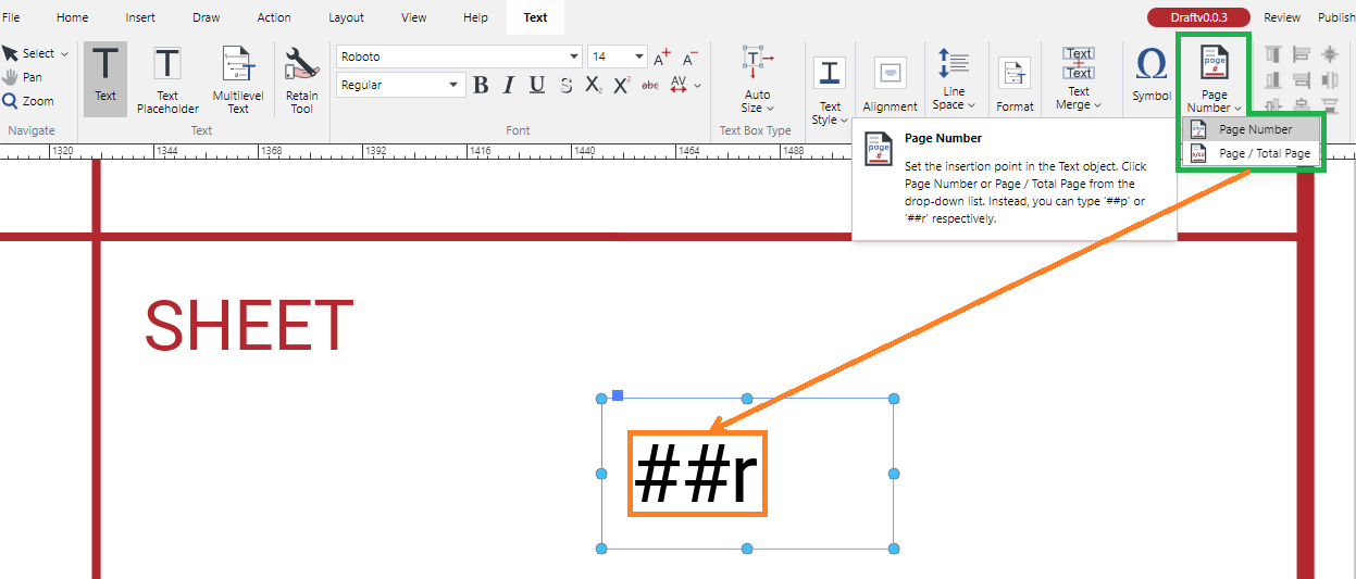 Page Number Placeholder Inserted in a Text Object
