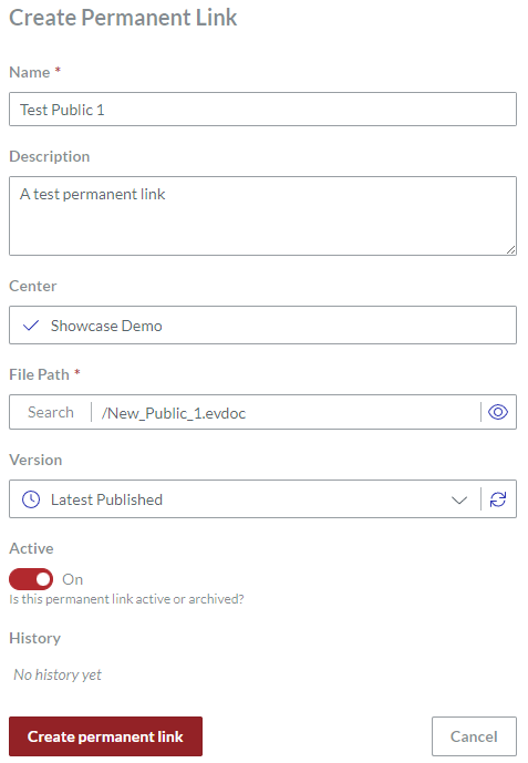 Populated Create Permanent Link Page