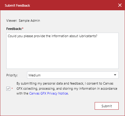 The populated Submit Feedback pop-up dialog