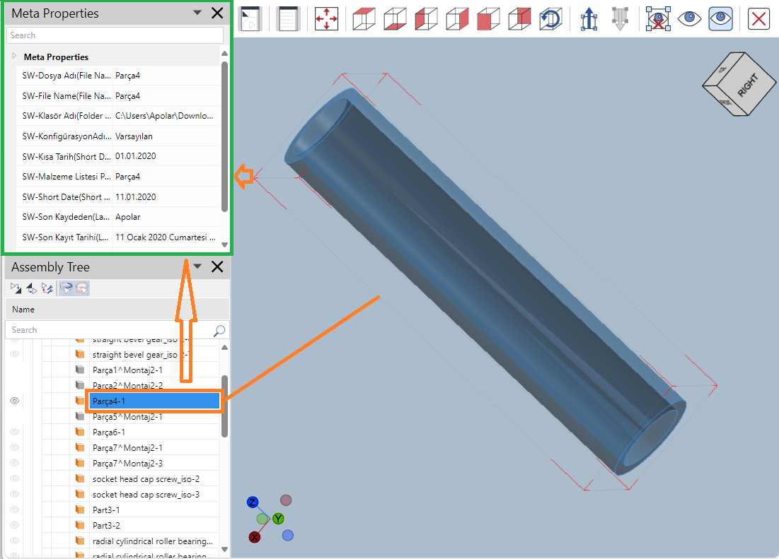 Selected Part has Meta-properties in the Meta Properties pane of the 3D Viewer