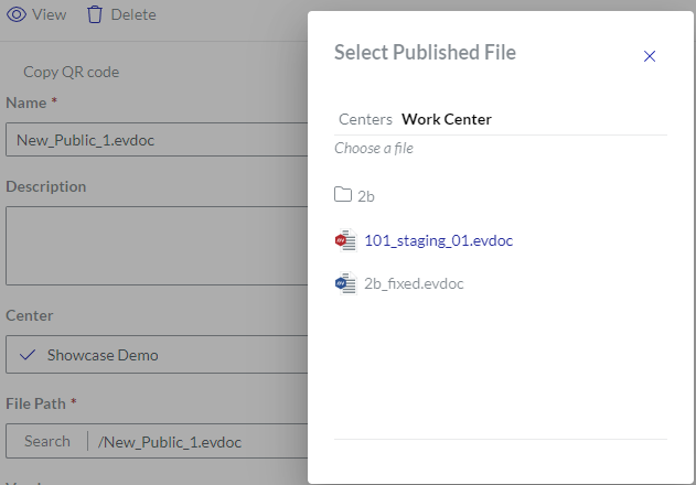 Selecting New Shared Document from the Select Published File Pop-up Dialog