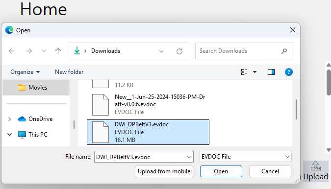 Uploading evdoc File from the Home Screen