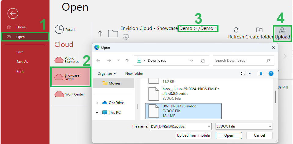 Uploading evdoc File from the Open Screen