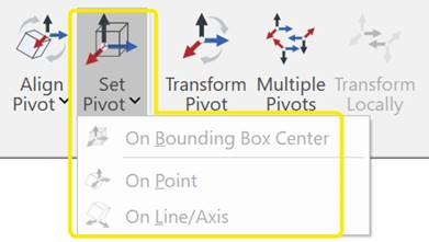 Set Pivot from the Align Pivots panel in the 3D Edit tab of the Ribbon