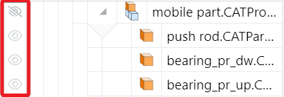 Faded Eye Icon of the Toggle Visibility Part Button in the Assembly Tree Pane in the 3D Edit Mode