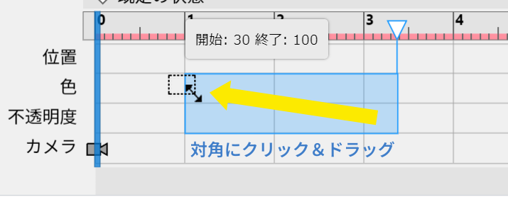 クリックして斜めにドラッグする(四隅のいずれかから)—キータイプトラック全体のタイムラインフレームの領域を選択する。