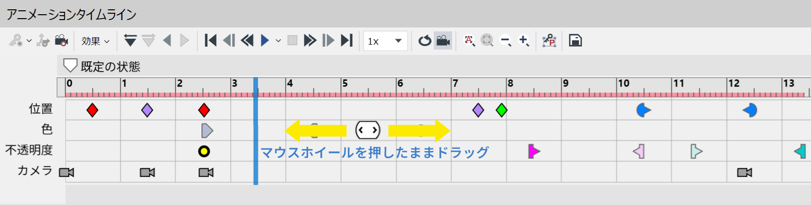 マウスホイールを押してドラッグ—タイムラインをパンする。